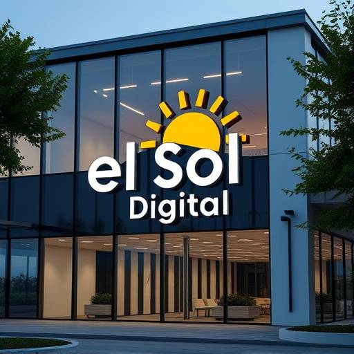 Imagen de un edificio de oficinas moderno con el logo de El Sol Digital en la fachada.